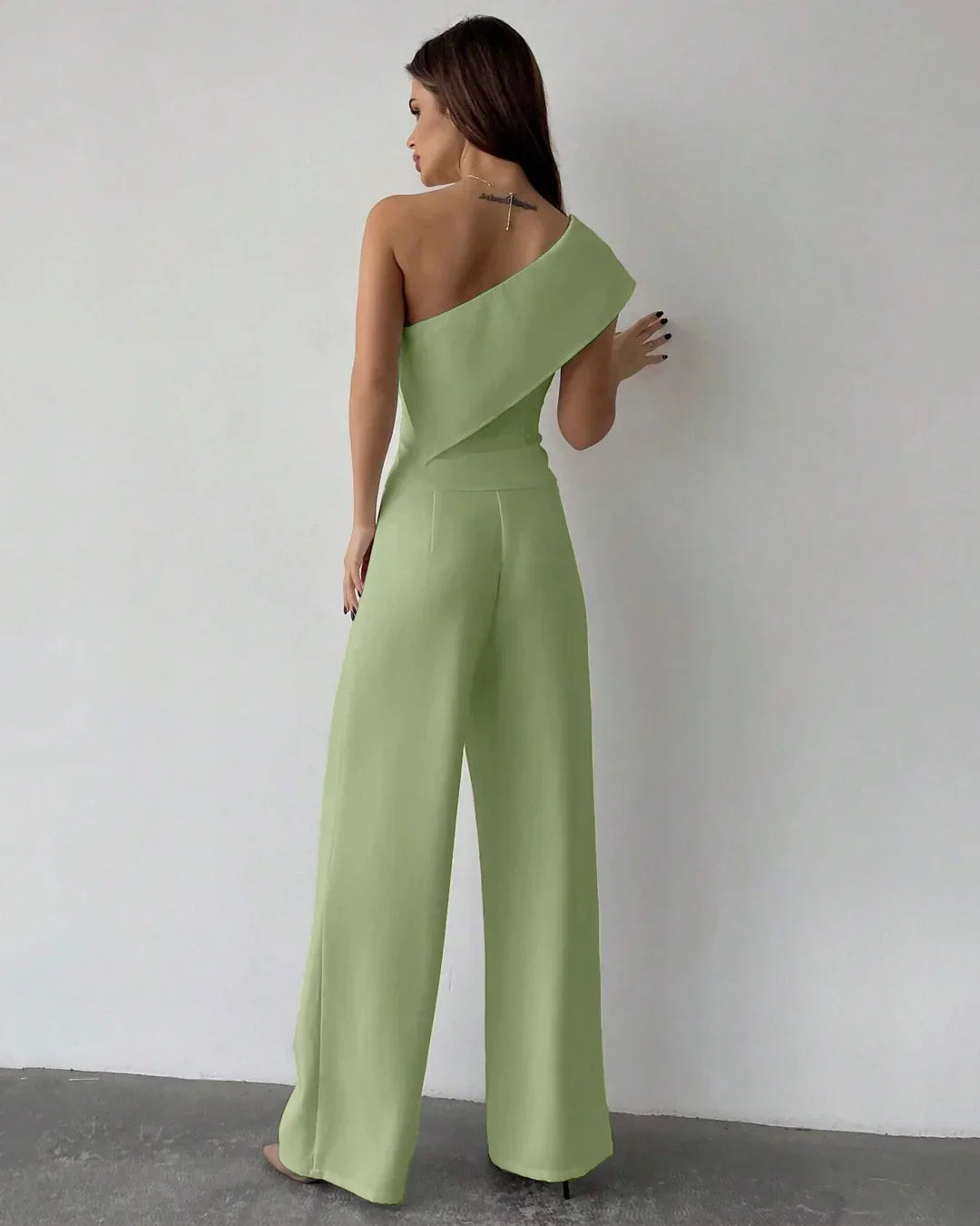 One-Shoulder Draped Top & Wide-Leg Trouser Co-ord in Light Pista