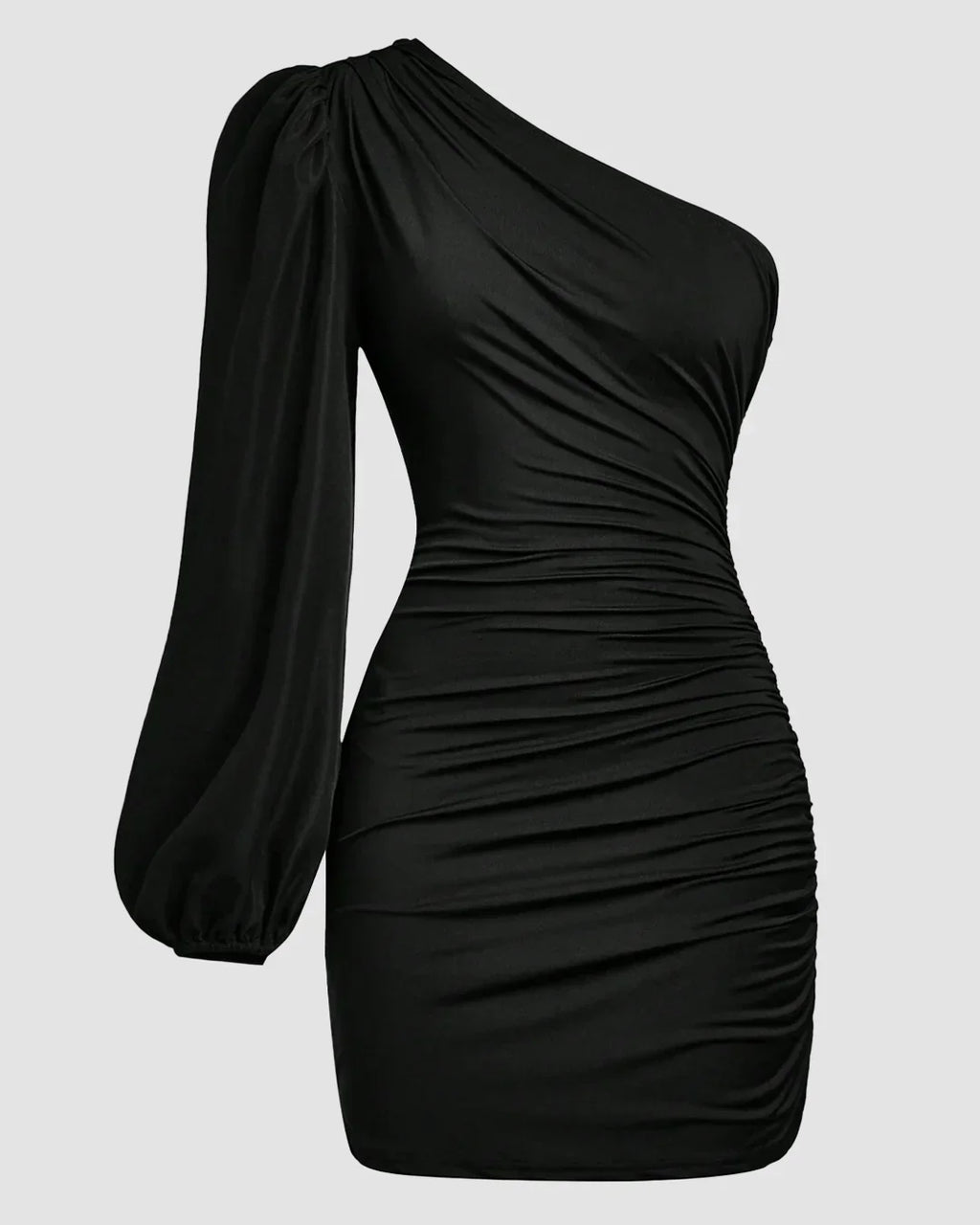 One-Shoulder Ruched Bodycon Asymmetrical Mini Dress in Black