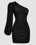 One-Shoulder Ruched Bodycon Asymmetrical Mini Dress in Black