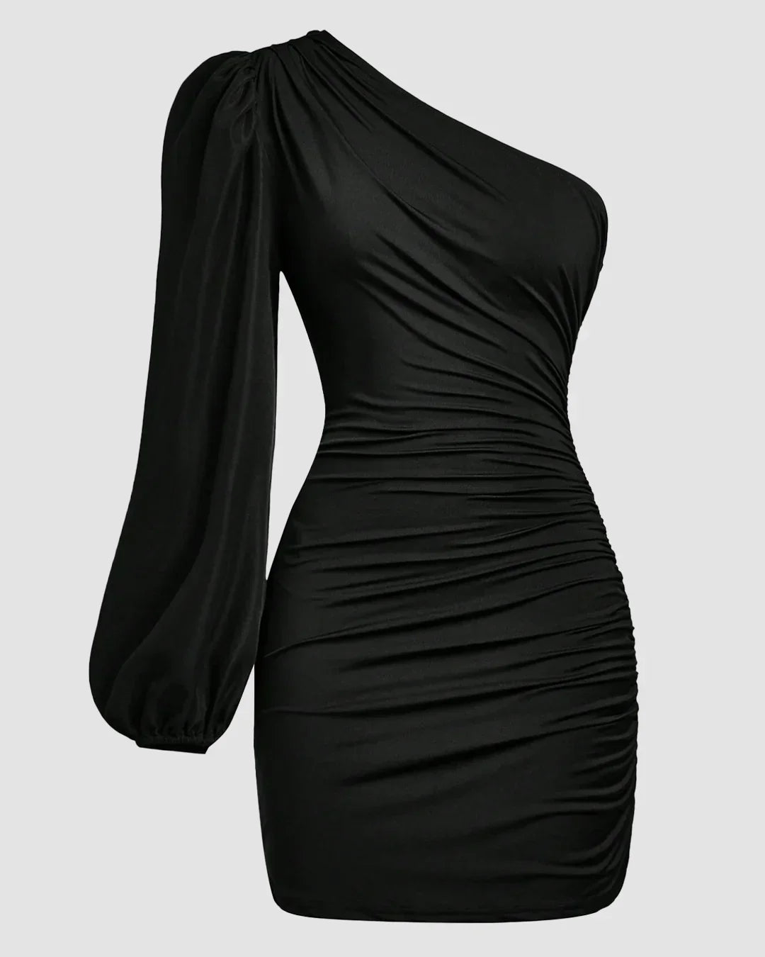 One-Shoulder Ruched Bodycon Asymmetrical Mini Dress in Black