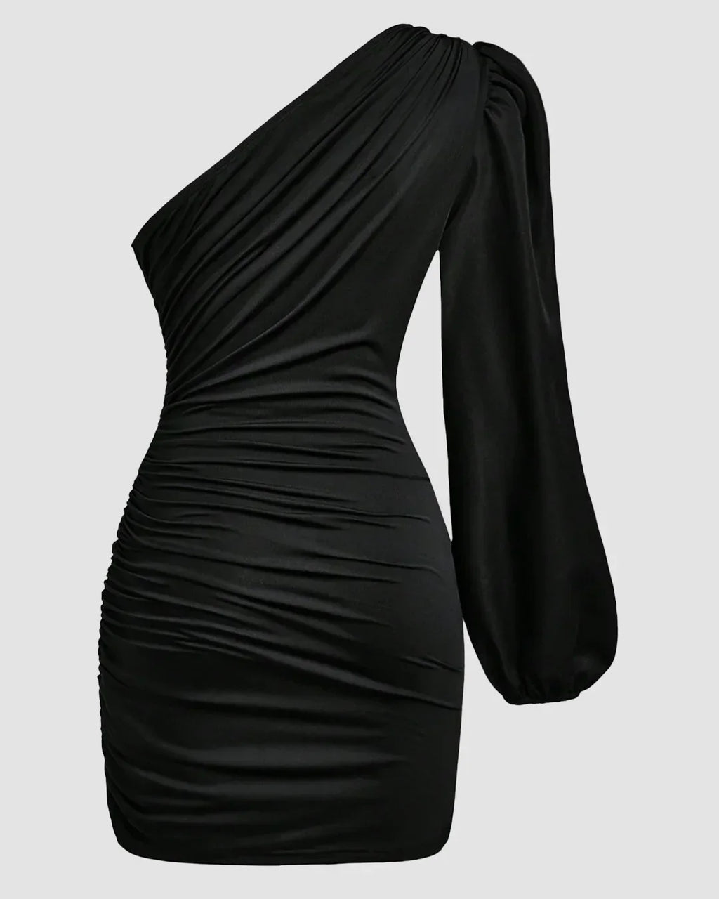 One-Shoulder Ruched Bodycon Asymmetrical Mini Dress in Black