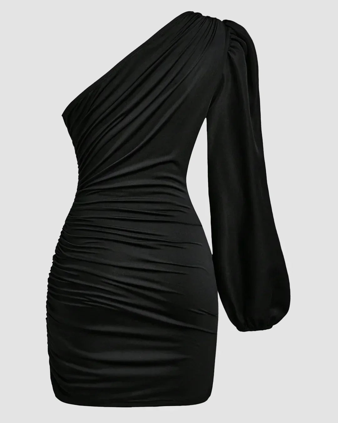 One-Shoulder Ruched Bodycon Asymmetrical Mini Dress in Black