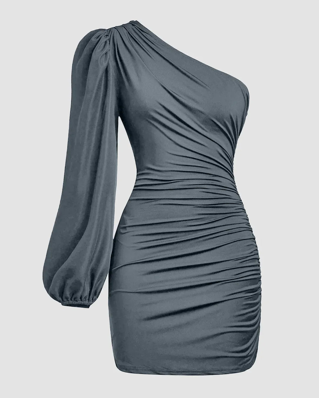 One-Shoulder Ruched Bodycon Asymmetrical Mini Dress in Grey