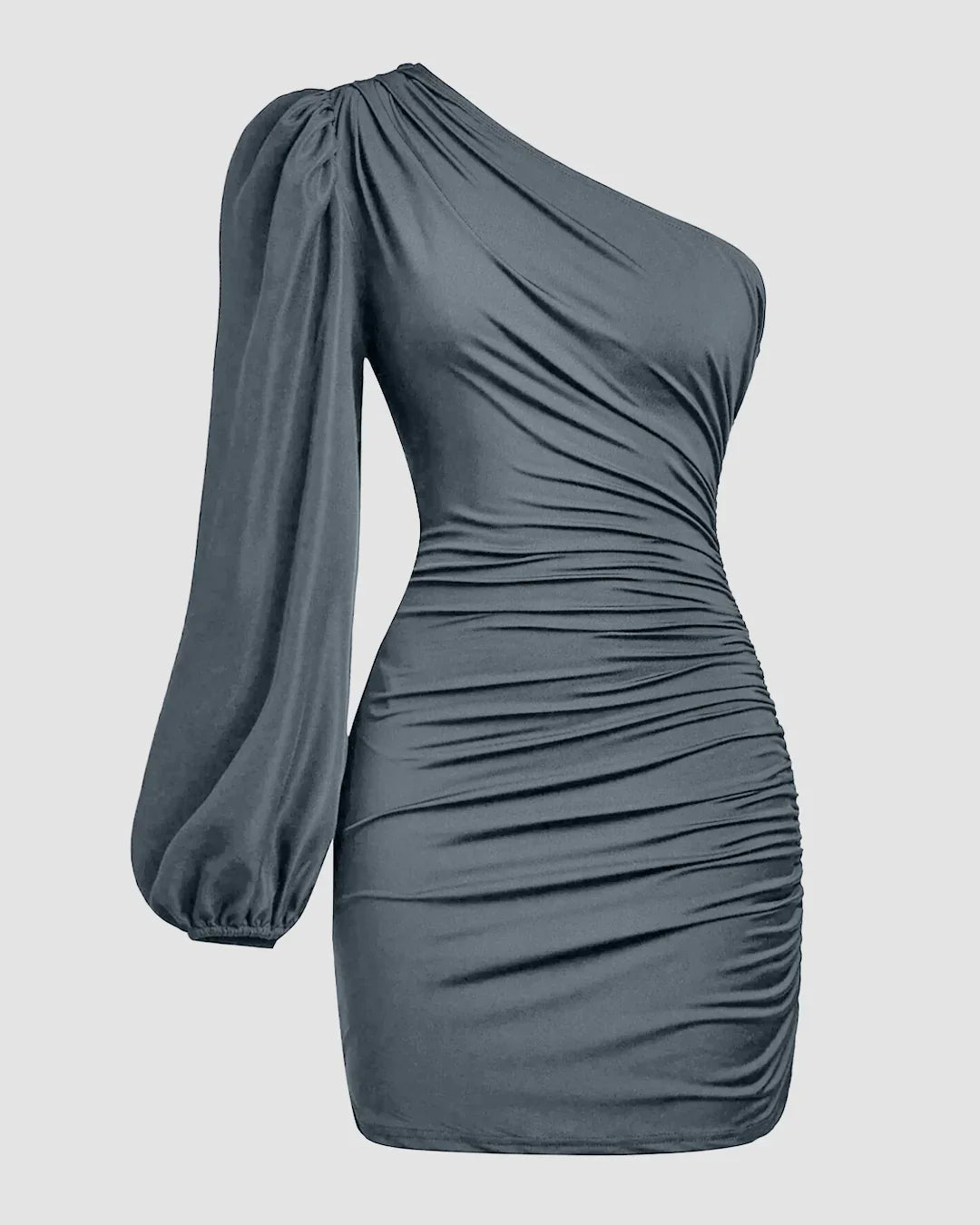 One-Shoulder Ruched Bodycon Asymmetrical Mini Dress in Grey