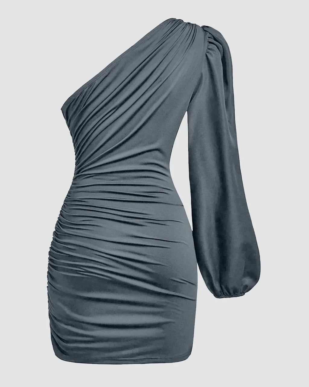 One-Shoulder Ruched Bodycon Asymmetrical Mini Dress in Grey