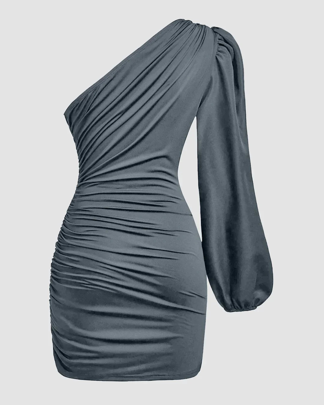 One-Shoulder Ruched Bodycon Asymmetrical Mini Dress in Grey