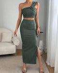 One Shoulder Crop Top & Split Thigh Skirt In Olive Green