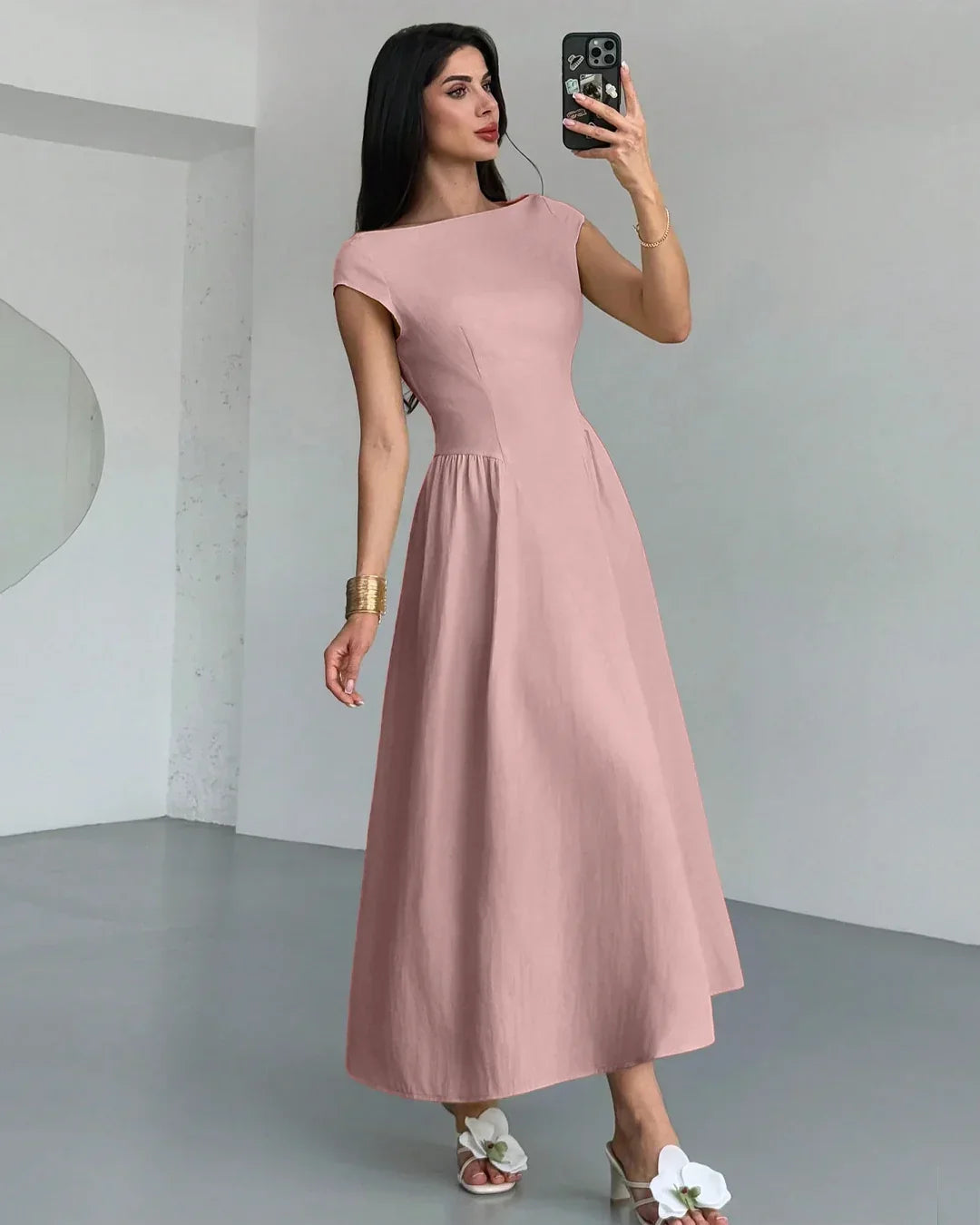 Pink Flare Dress with Boat Neck in Powder Pink