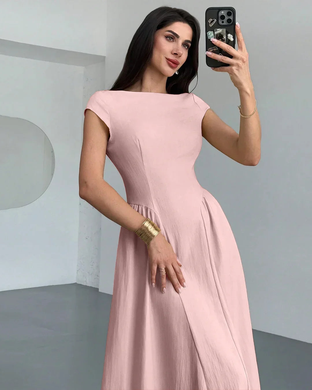 Pink Flare Dress with Boat Neck in Powder Pink