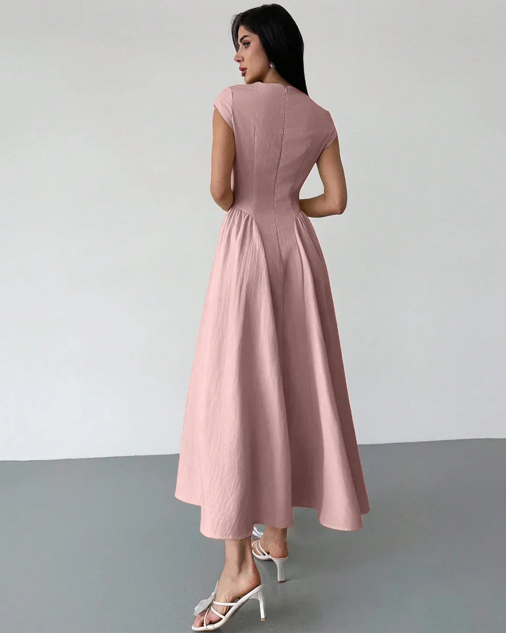 Pink Flare Dress with Boat Neck in Powder Pink