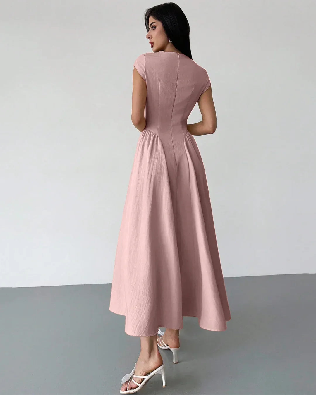 Pink Flare Dress with Boat Neck in Powder Pink