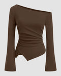 One Shoulder Ruched Asymmetric Full Sleeve Top in Brown