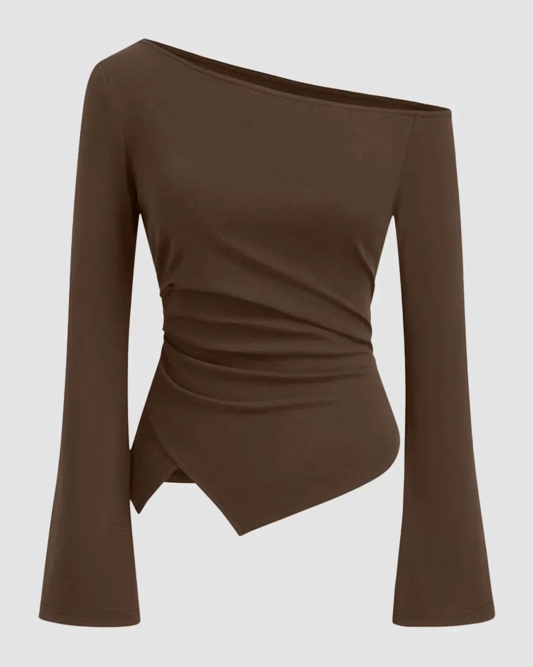 One Shoulder Ruched Asymmetric Full Sleeve Top in Brown