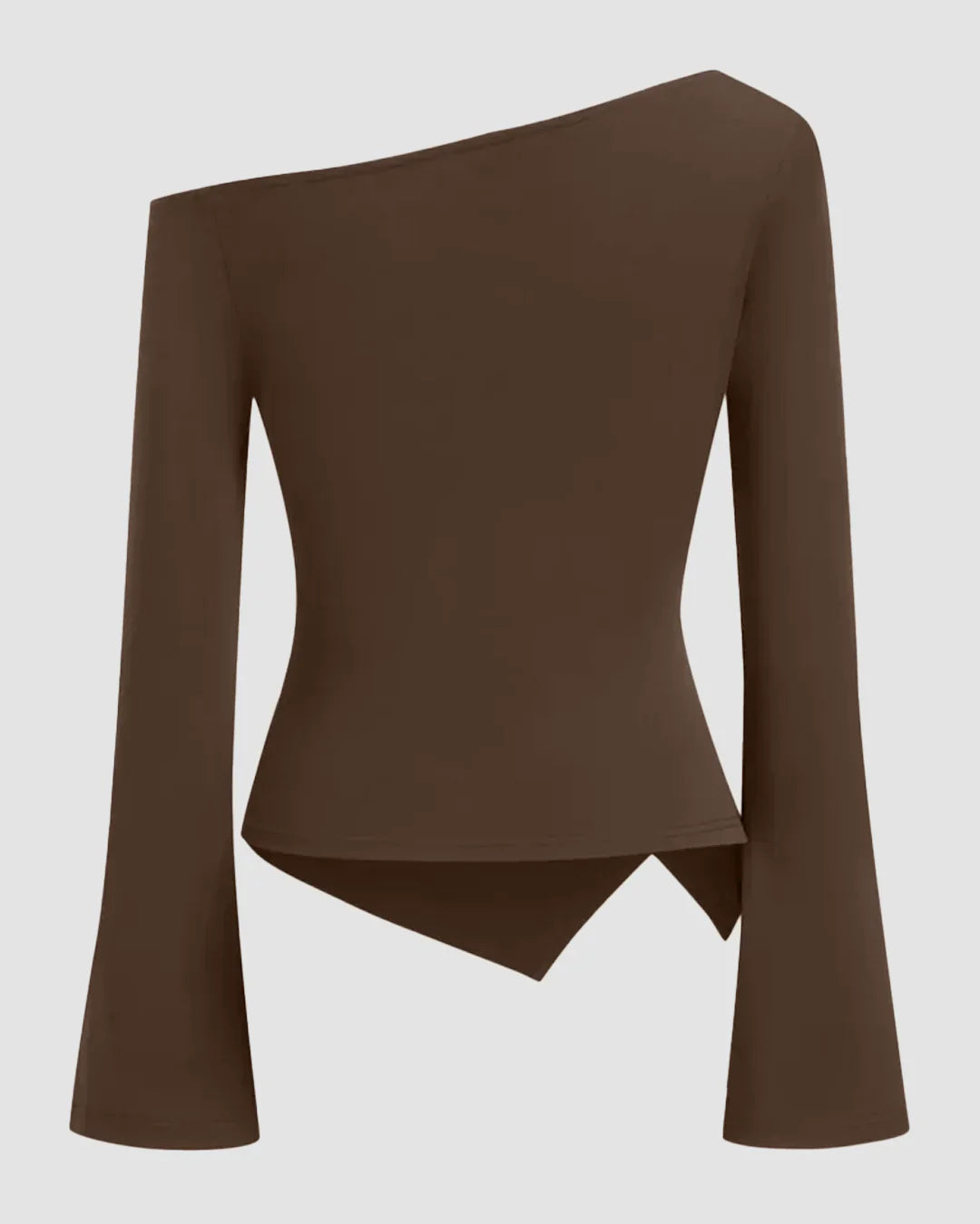 One Shoulder Ruched Asymmetric Full Sleeve Top in Brown