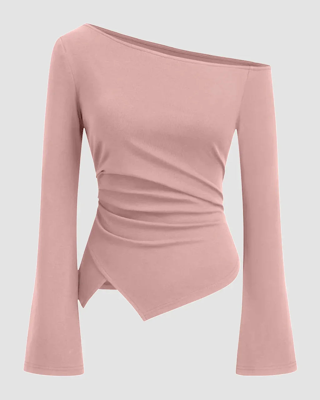 One Shoulder Ruched Asymmetric Full Sleeve Top in Rose