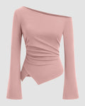 One Shoulder Ruched Asymmetric Full Sleeve Top in Rose