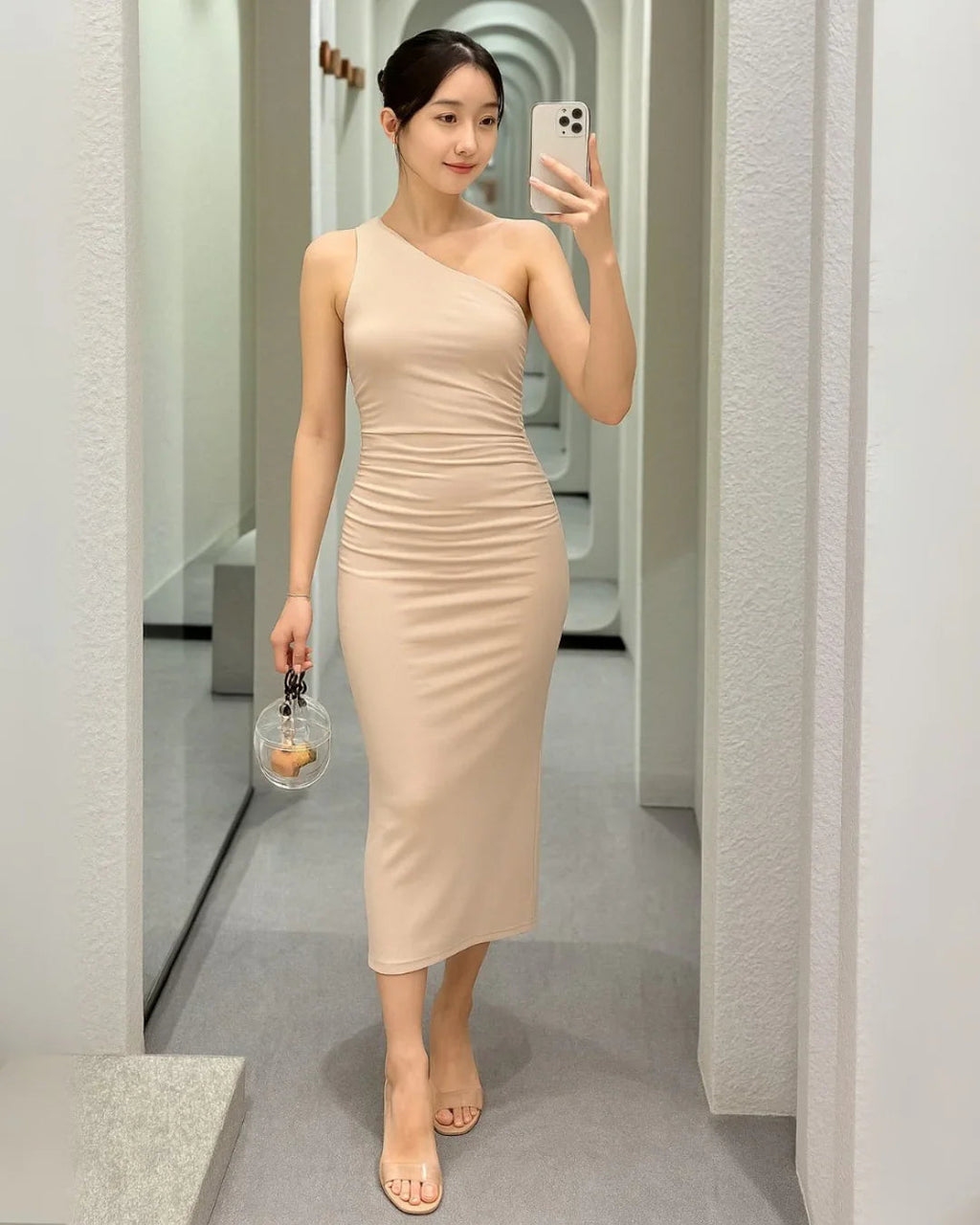 One Shoulder Ruched Bodycon Midi Dress in Beige