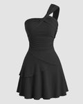 One Shoulder Ruched Layered Mini Dress in Black
