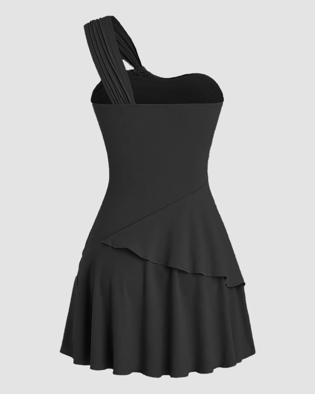 One Shoulder Ruched Layered Mini Dress in Black