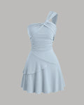 Asymmetrical Neck Midi Dress in Ice Blue