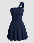 One Shoulder Asymmetrical Mini Dress in Navy Blue
