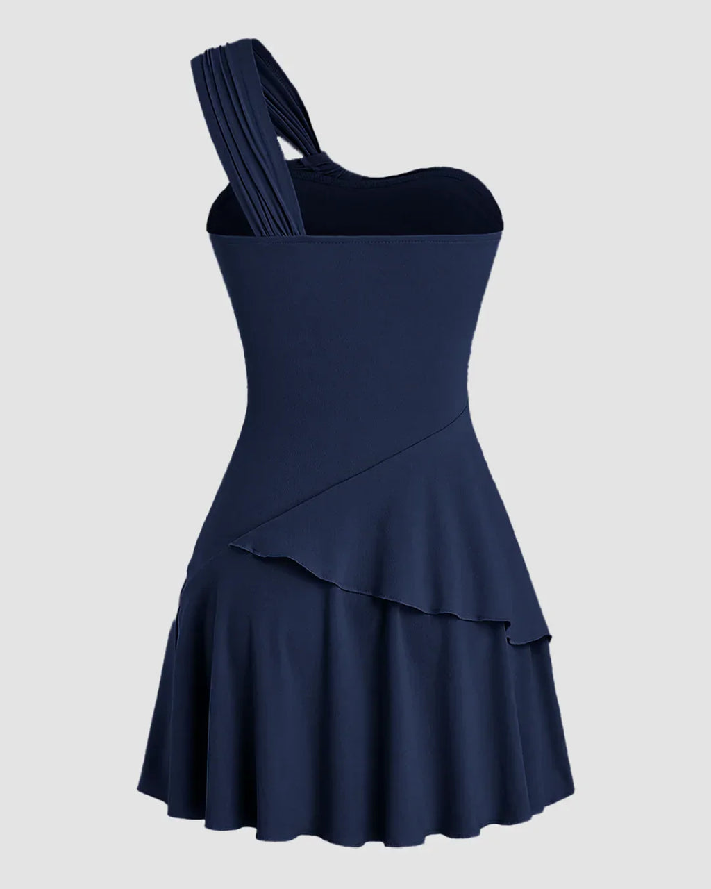 One Shoulder Asymmetrical Mini Dress in Navy Blue