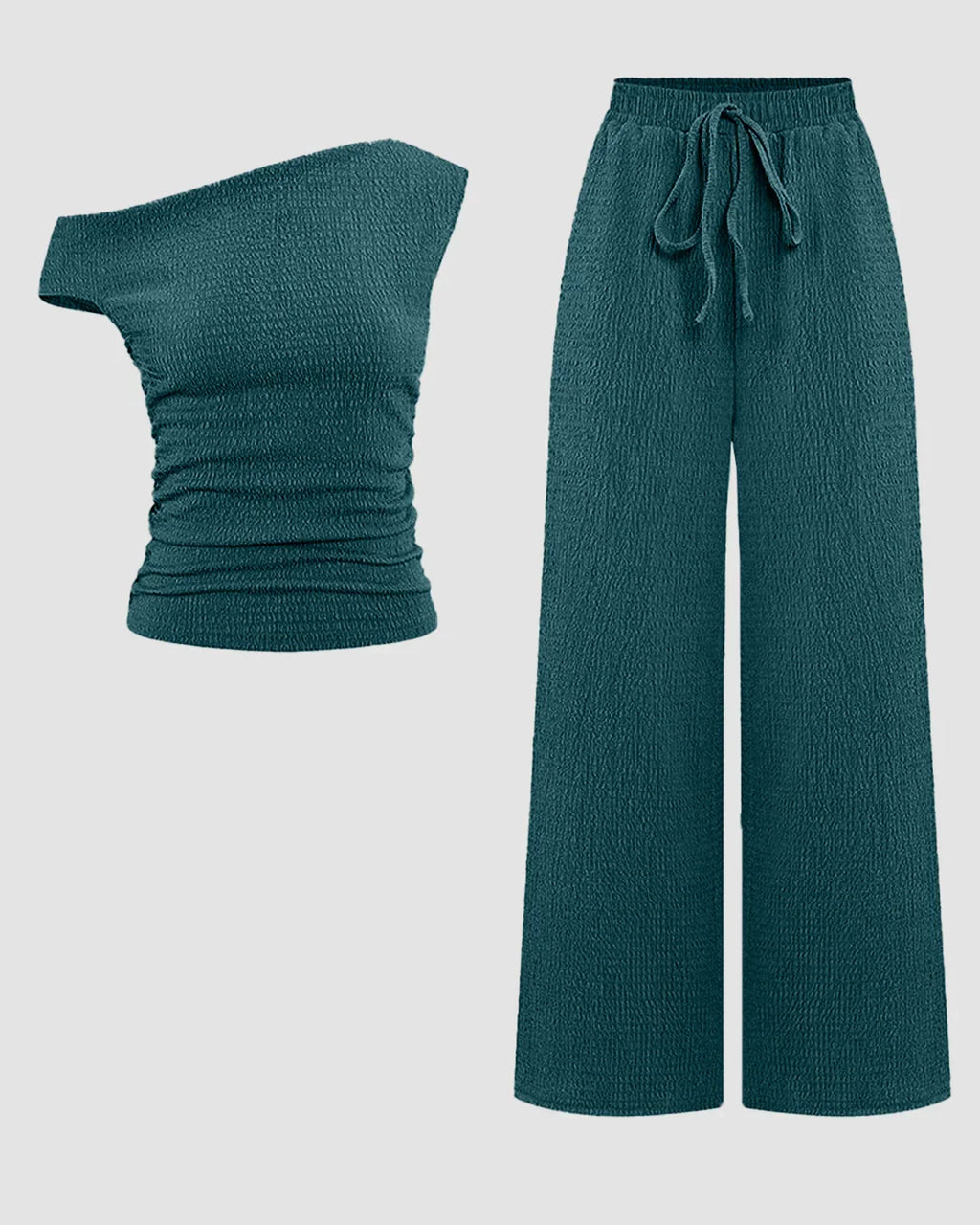 One Shoulder Ruched Top & Wide-Leg Trousers Co-ords Set in Teal Blue