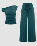 One Shoulder Ruched Top & Wide-Leg Trousers Co-ords Set in Teal Blue