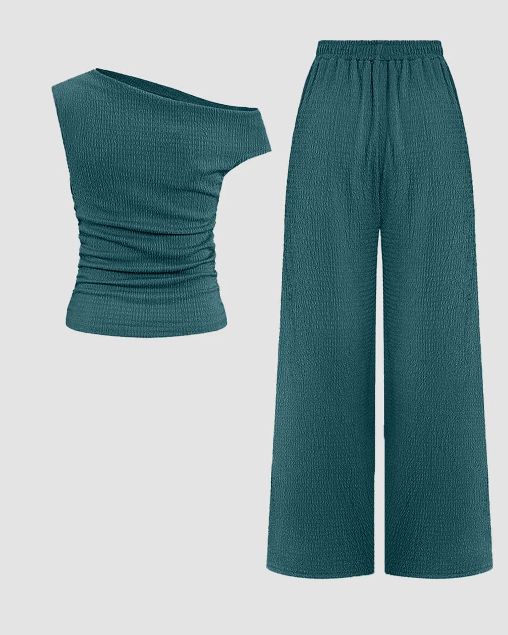 One Shoulder Ruched Top & Wide-Leg Trousers Co-ords Set in Teal Blue