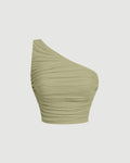 One Shoulder Ruched Waist Slim Fit Green Mesh Top
