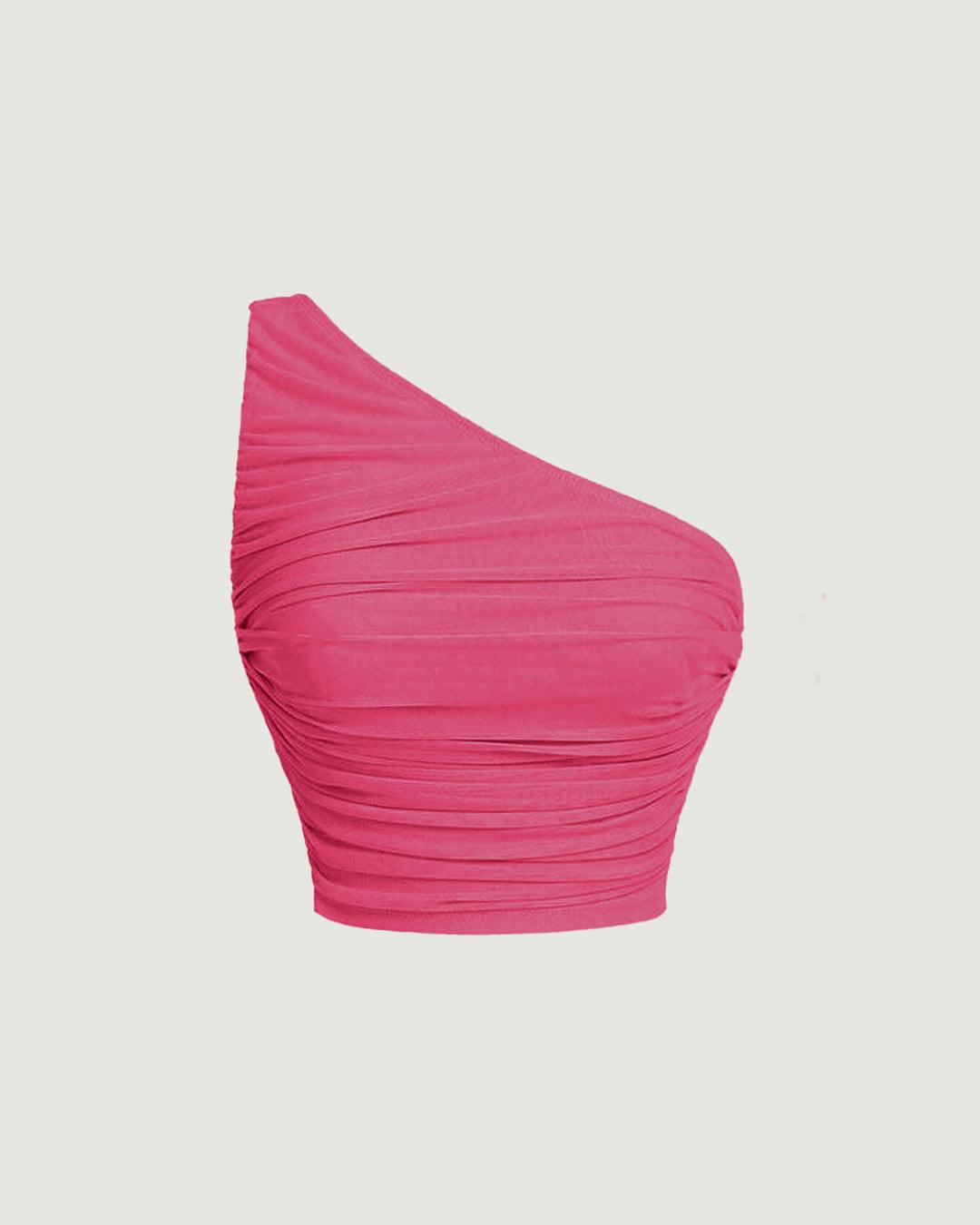 One Shoulder Ruched Waist Slim Fit Hot Pink Mesh Top