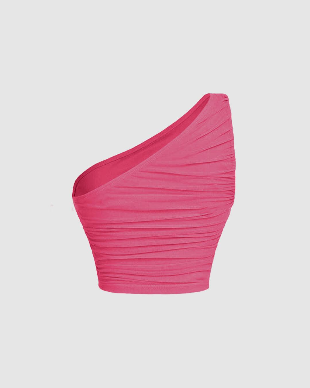 One Shoulder Ruched Waist Slim Fit Hot Pink Mesh Top