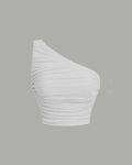 One Shoulder Ruched Waist Slim Fit White Mesh Top