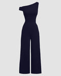 One Shoulder Solid Wide Leg Jumpsuit in Dark Navy Blue