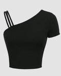 One Shoulder Strap Detail Asymmetrical Top in Black