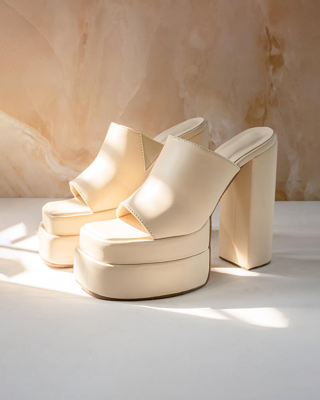 Open Toe Platform Heels in Off White Block Heel Style