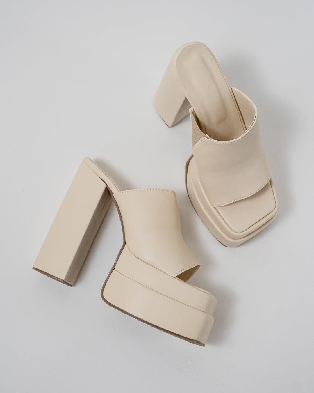 Open Toe Platform Heels in Off White Block Heel Style