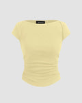 Party Boat Neck Ruched Short Sleeve Solid Top in Yellow