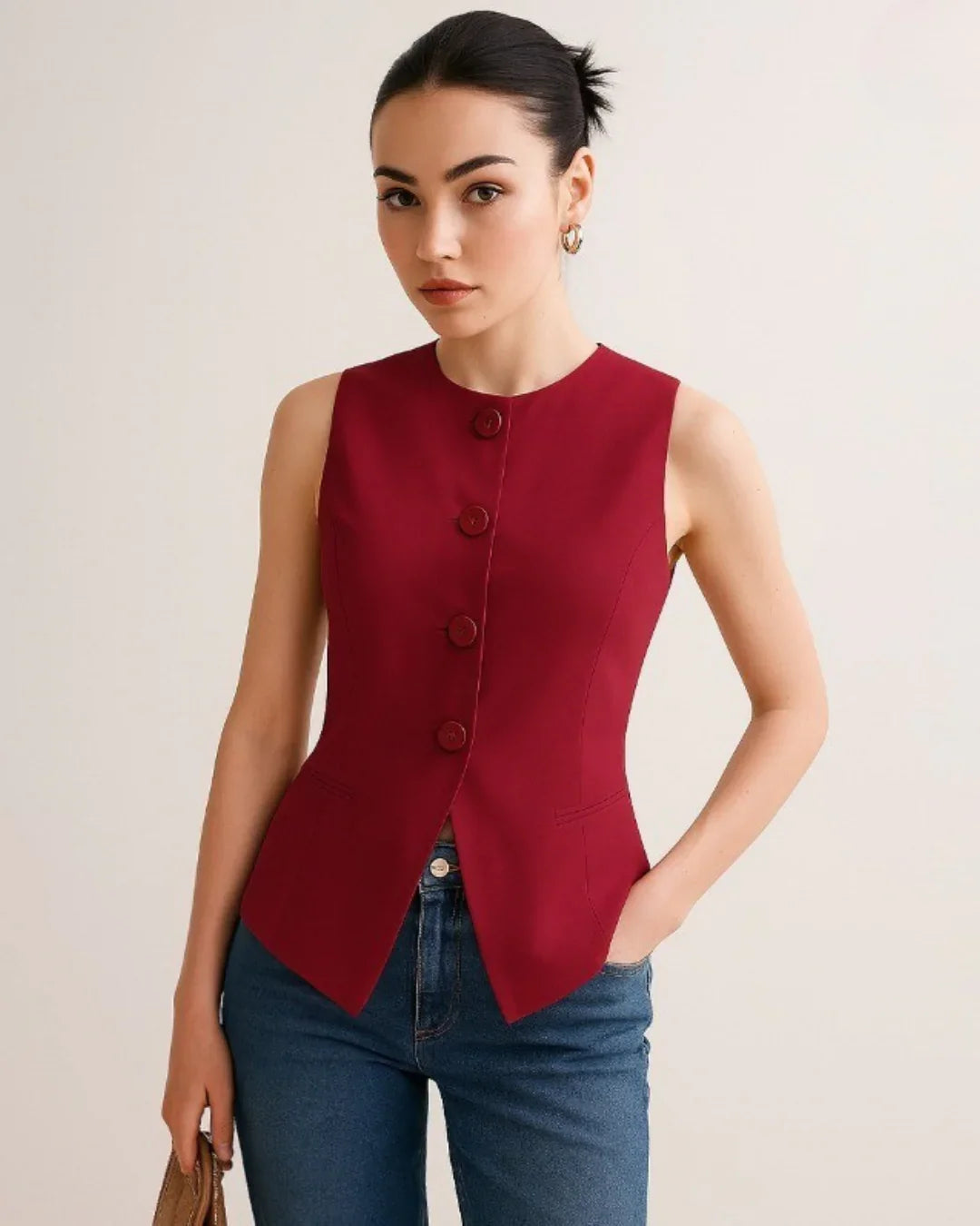 Party Button Front Sleeveless Vest Top in Red