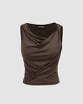 Party Cowl Neck Sleeveless Draped Top in Brown