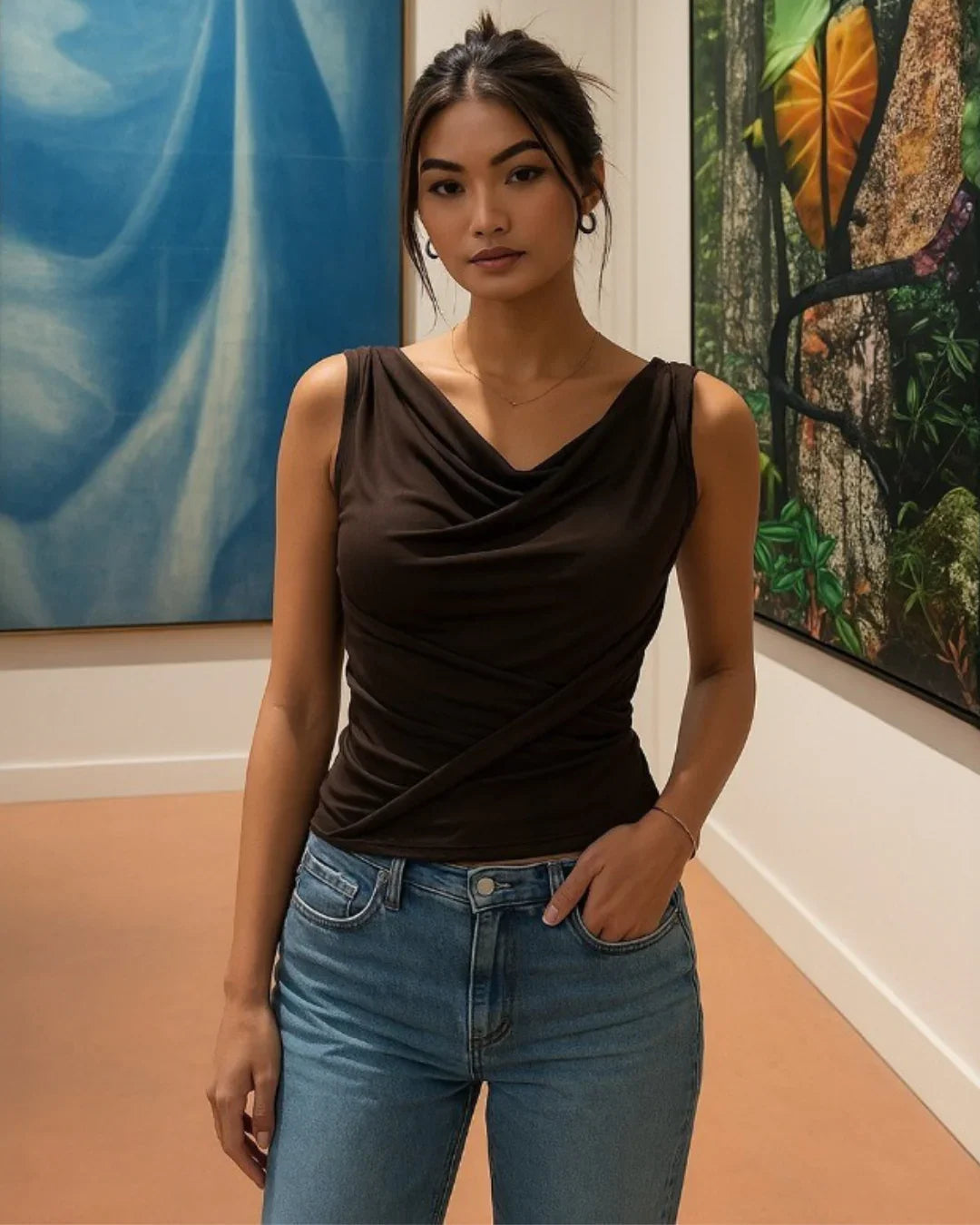 Party Cowl Neck Sleeveless Draped Top in Brown