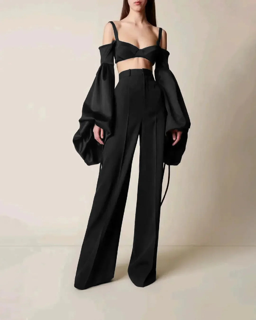 Party Cut-Out Detail Long Sleeve Crop Top in Black