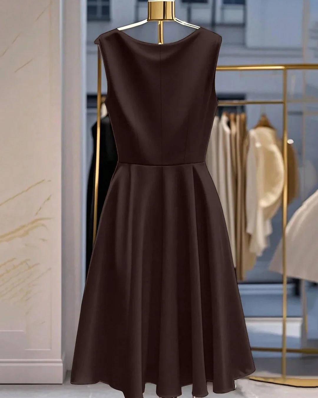 Party Draped Sleeveless Midi Dress With Tie Waist In Coffee Brown