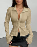 Party Fitted Collared Button Front Long Sleeve Shirt in Beige