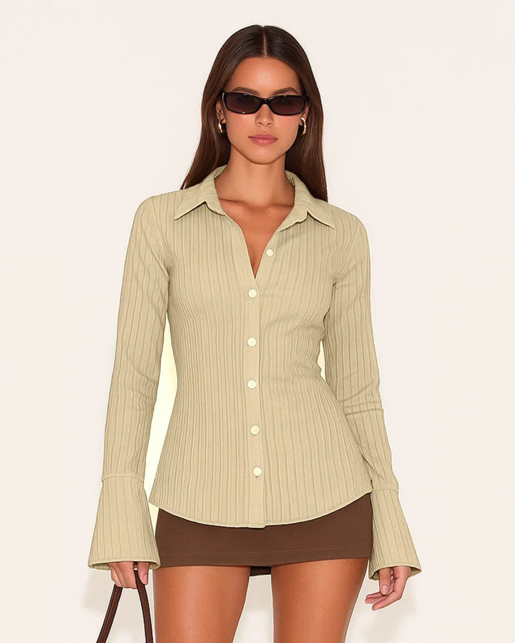 Party Fitted Collared Button Front Long Sleeve Shirt in Beige