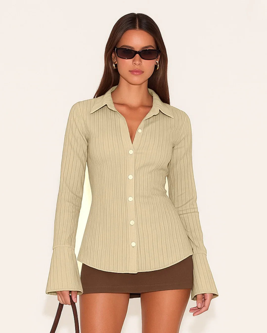 Party Fitted Collared Button Front Long Sleeve Shirt in Beige