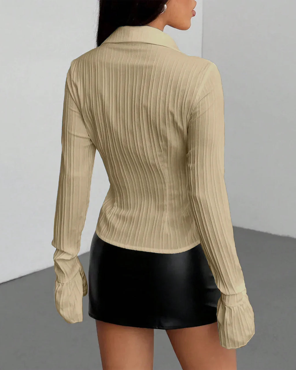 Party Fitted Collared Button Front Long Sleeve Shirt in Beige
