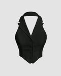 Party Halter Neck Button Front Crop Top in Black
