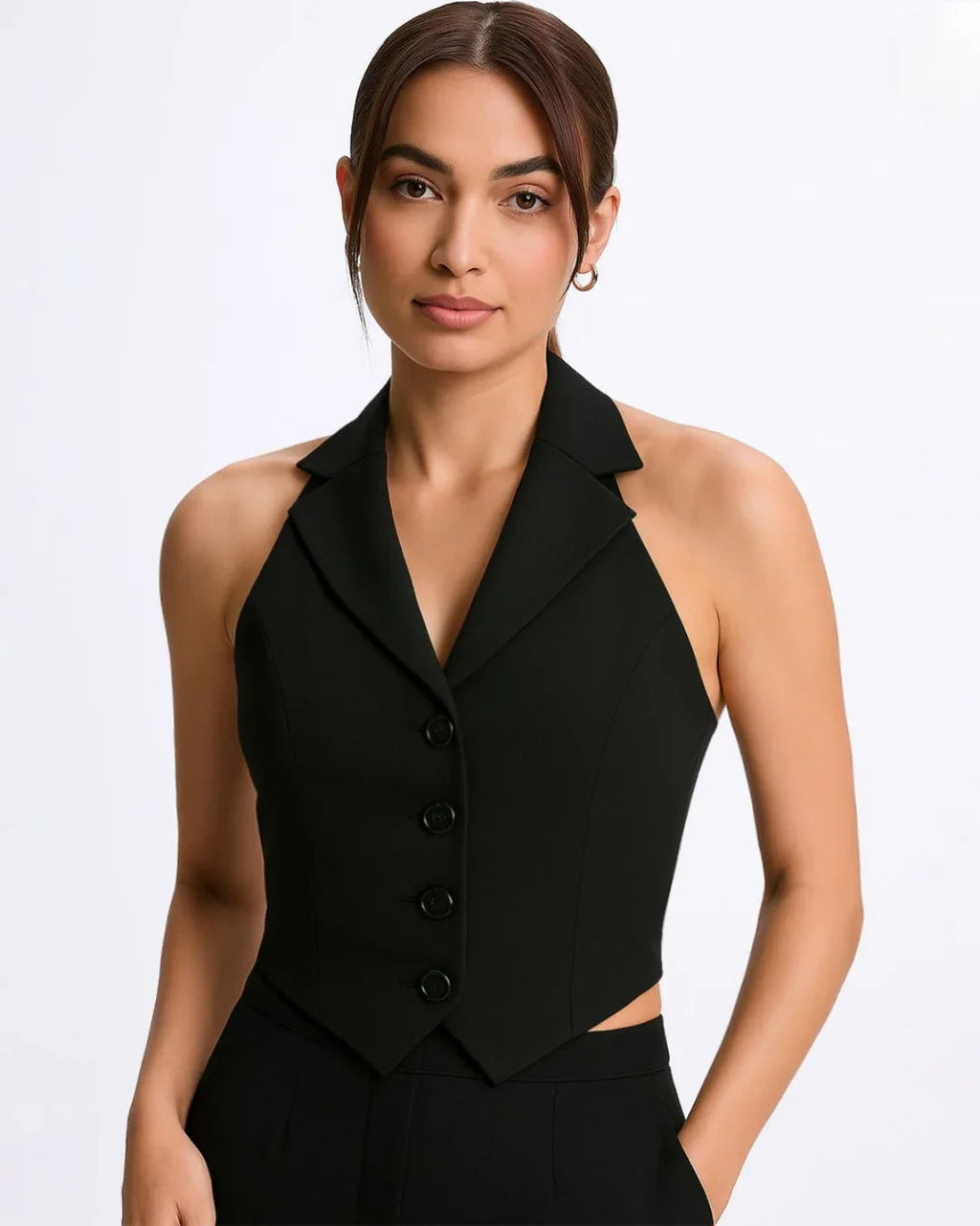 Party Halter Neck Button Front Crop Top in Black