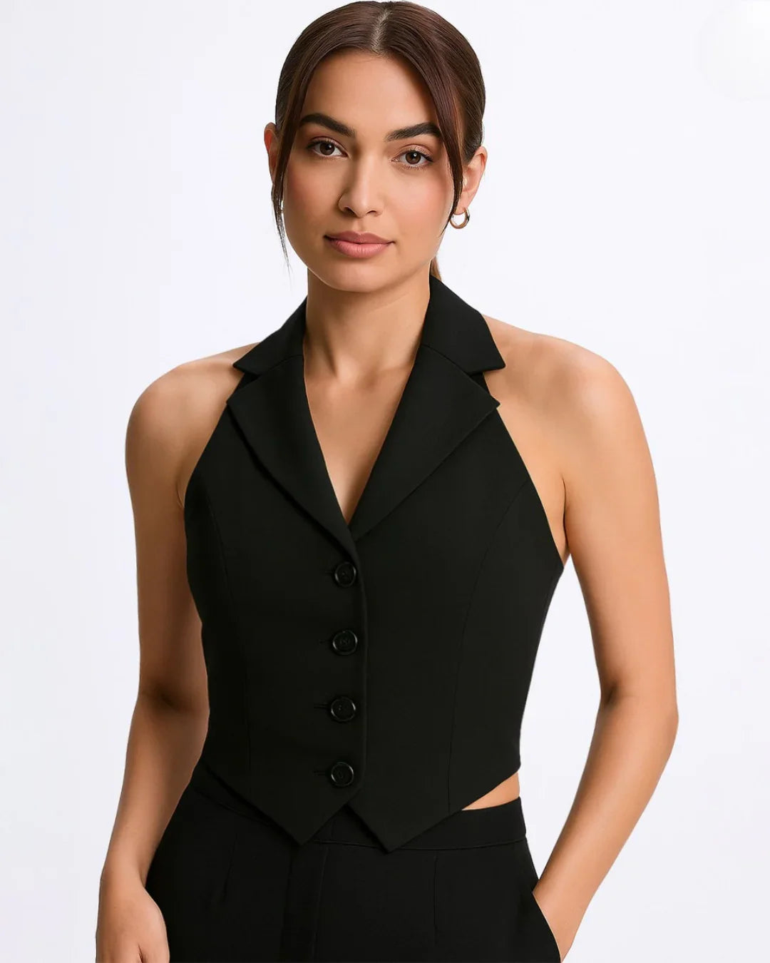 Party Halter Neck Button Front Crop Top in Black
